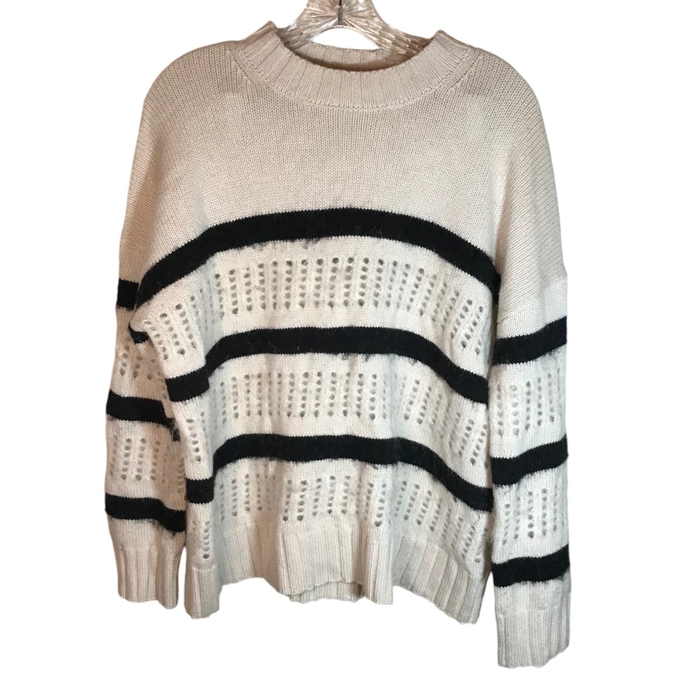 All Saints Cream and Black Striped Open-Knit Crewneck Sweater